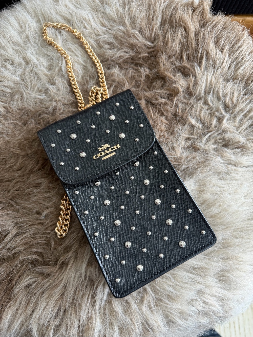 Brand New Coach Black Studded Crossbody Phone Pouch with Gold Chain